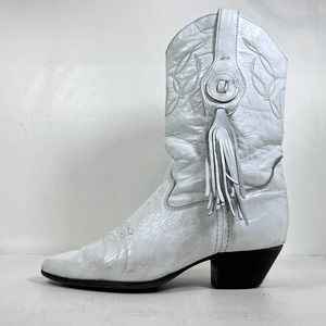 Laredo Vintage White Leather Fringe Western Cowboy Boot -Women size 8